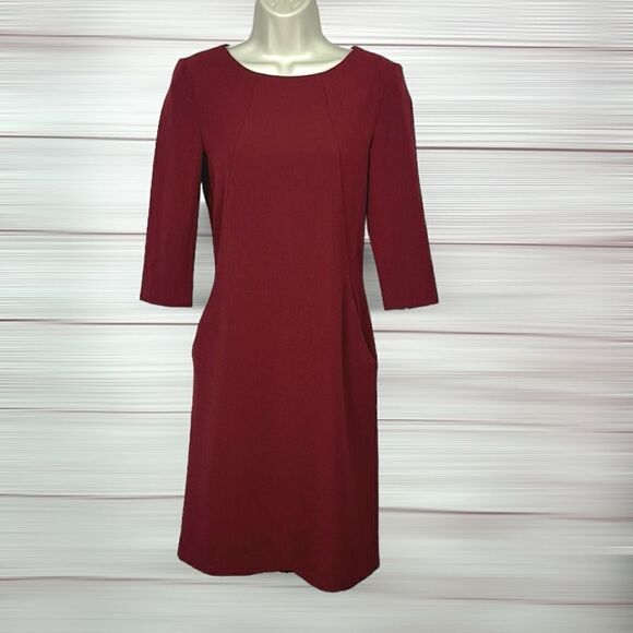 MM Lafleur Etsuko Sheath Dress Wine Burgundy 3/4 Sleeves Pockets No Belt size 2 - Picture 7 of 15